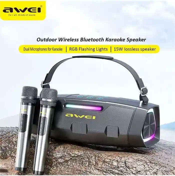 AWEI KT28 Karaoke Wireless Bluetooth Speaker With Dual Wireless Mic Outdoor Portable RGB HiFi Audio USB Player System
